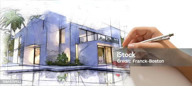 Hand Drafting A Luxurious House With Pool Stock Photo - Download Image Now - Architect, Architecture, House