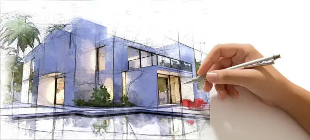 Photo of Hand drafting a luxurious house with pool