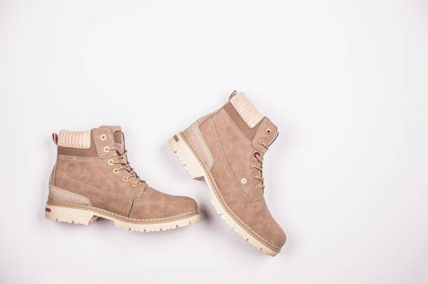 Beige Suede Boots Perfect for Autumn Hiking Isolated on White Background
