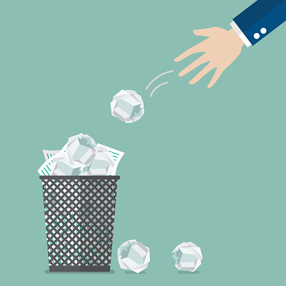 Businessman throwing crumpled paper to trash. Vector illustration