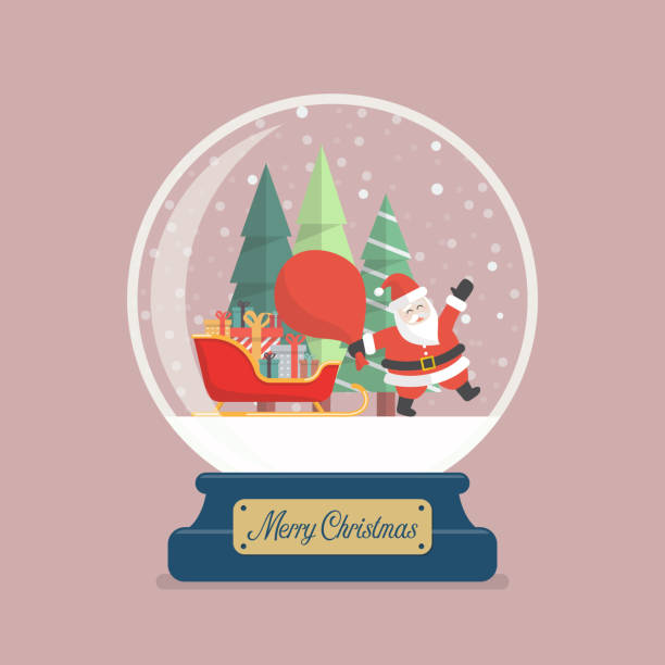 ilustrações, clipart, desenhos animados e ícones de bola de vidro feliz natal com papai noel segurando o saco enorme e trenó contendo um cheio de presentes - santa claus sleigh toy christmas