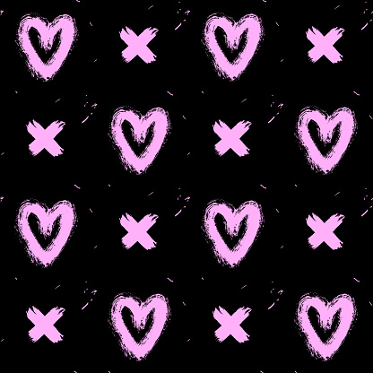 Seamless pattern with pink hand-drawn in ink messy hearts and crosses isolated on black background. Doodle style abstract grunge texture.