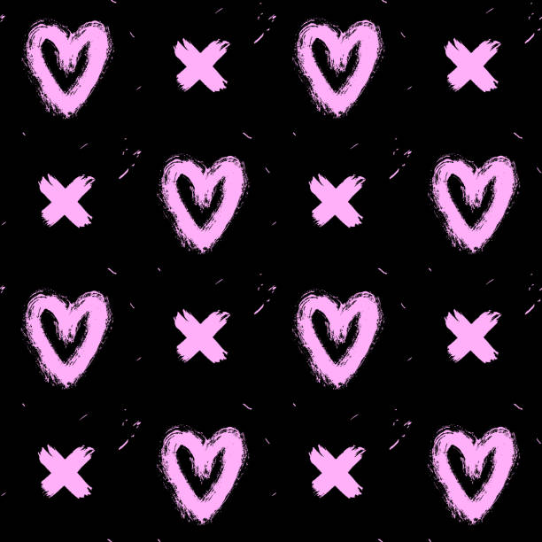 Seamless pattern with pink hand-drawn in ink messy hearts and crosses isolated on black background. Doodle style abstract grunge texture. Seamless pattern with pink hand-drawn in ink messy hearts and crosses isolated on black background. Doodle style abstract grunge texture. punk rock stock illustrations