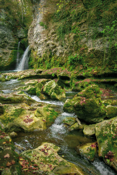 rivière, grotte et cascade. tourisme en suisse, vaud tine de conflens - tine photos et images de collection