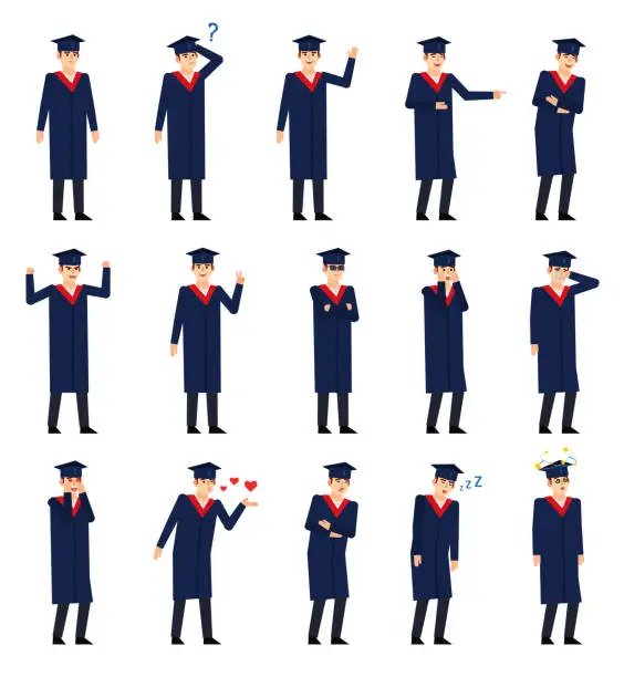 Vector illustration of Set of graduate students showing diverse emotions. Graduate in dark mantle laughing, crying, angry, sleepy, tired, thinking and showing other expressions