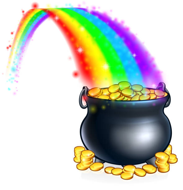 Pot of Gold at the End of the Rainbow An illustration of a pot of gold coins at the end of a rainbow s 3d drawing stock illustrations
