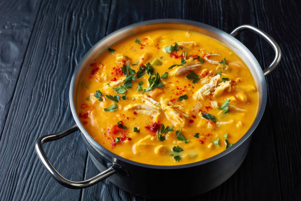 istock pumpkin chicken breast soup, top view 1064521924