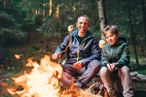 Father and son roast marshmallow candies on campfire in forest. Family relationship concept image