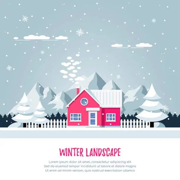 Vector illustration of Winter landscape with livivng house.