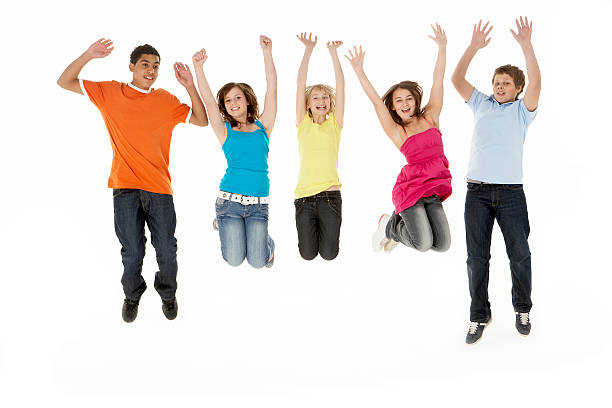 istock Group Of Five Young Children Jumping 106454340