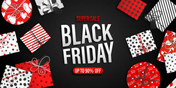 Black Friday Sale banner. Cool seasonal discount poster with red and white gift boxes on black background. Holiday design template for advertising shopping, closeout on thanksgiving day. black friday sale sign stock illustrations