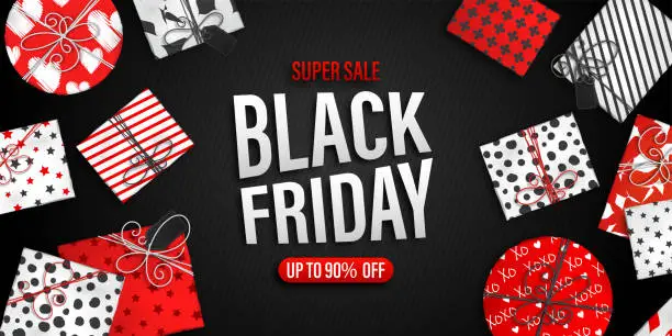 Vector illustration of Black Friday Sale banner. Cool seasonal discount poster with red and white gift boxes on black background.