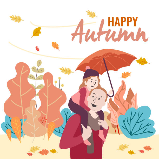 der vater und kleine mädchen zu fuß auf herbst hintergrund, hintergrund-konzept mit flachen design-vektorgrafiken. - child jumping vegetable food stock-grafiken, -clipart, -cartoons und -symbole