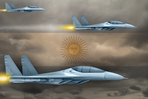 Argentina air strike concept. Modern war airplanes attack on Argentina flag background. 3d Illustration