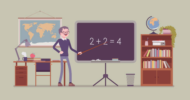 mężczyzna nauczyciel stoi na tablicy - blackboard professor expertise child stock illustrations
