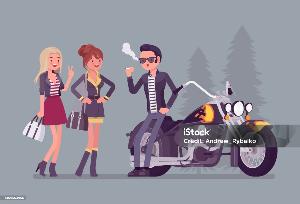 Cool rocker boy in biker leather jacket near chopper Cool rocker boy in a biker leather jacket with pompadour haircut near chopper, interesting for young women, handsome guy attracting girls desire, curiosity. Vector flat style cartoon illustration Adult stock vector