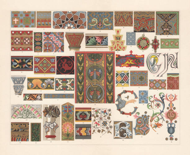 Various patterns of the Middle Ages, chromolithograph, published in 1897 Various patterns of the Middle Ages: 1) Early christian mosaic; 2 - 4) Byzantine mosaics; 5) Byzantine capital; 6) Early christian capita; 7) Arabian mosaic; 8 - 9) Arab miniature art; 10) Arab ornament of a roof ridge crown; 11 - 12) Moorish stucco; 13) Moorish mosaic; 14 - 15) Persian miniature art; 16 - 17) Gaulish clasps; 18 - 19) Early Russian miniature art; 20 - 24) Romanesque wall paintings; 25) Early French quarry tile; 26) Romanesque enamel; 27) Early French enamel; 28) Early Swedish wall painting; 29) Gothic tympanum; 30 - 31) Gothic painted wood carvings; 32) Gotic capital; 33) Gotic embroidery; 34 - 35) Gothic wall paintings; 36 - 37) Irish initials; 38 - 39) Byzantine miniature art; 40 - 44) Italian miniature art; 45) Gothic miniature art; 46) Gothic initial; 47) Flanderian miniature art. Chromolithograph, published in 1897. german culture illustrations stock illustrations