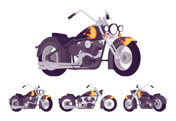 Vector illustration of Chopper custom motorcycle bright black set