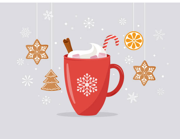 ilustrações de stock, clip art, desenhos animados e ícones de merry christmas, winter scene with a big cocoa mug and homemade gingerbread, vector concept illustration - chávena ilustrações