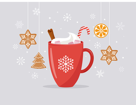 Christmas, winter scene with a big cocoa mug and homemade gingerbread, vector concept illustration