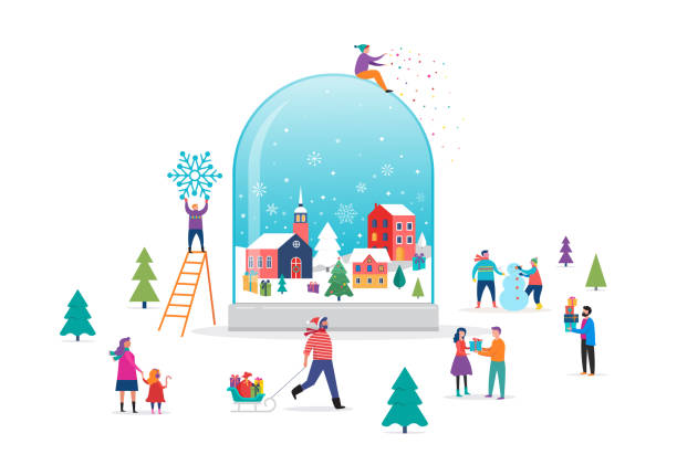 stockillustraties, clipart, cartoons en iconen met vrolijke kerstmis, winter wonderland scène in een sneeuwbol met kleine mensen, jonge mannen en vrouwen, gezinnen met plezier in de sneeuw, skiën, snowboarden, rodelen, schaatsen, concept vector illustratie - christmas people