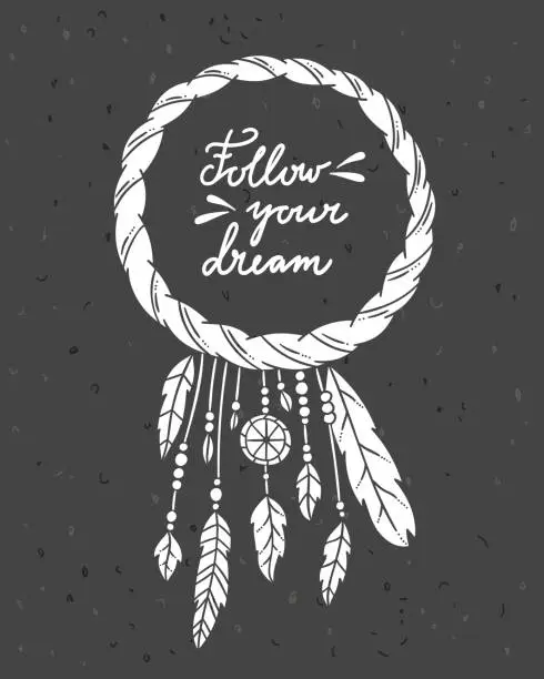 Vector illustration of Dreamcatcher vintage decoration on dark background. Vector dreamcatcher with feathers bohemian style illustrations