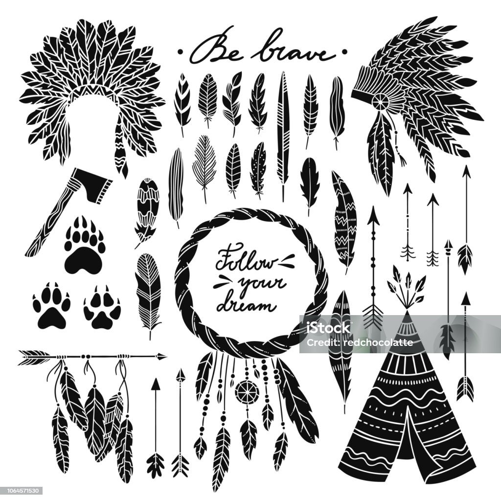 Boho style vector set with wigwam, indian headdress, arrows, feathers and dreamcatcher. Bohemian graphic elements on white background Feather stock vector