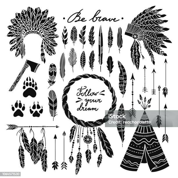 Boho Style Vector Set With Wigwam Indian Headdress Arrows Feathers And Dreamcatcher Bohemian Graphic Elements On White Background Stock Illustration - Download Image Now