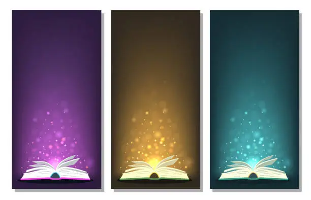 Vector illustration of Open books with different colors magic lights.