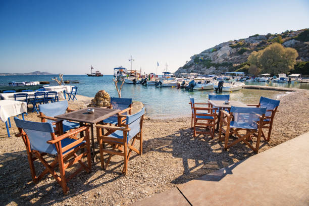 istock Tables and chairs near harbor in Kolymbia (Rhodes, Greece) 1064573926