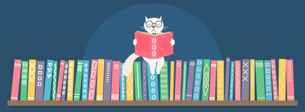 книжная полка с сидящей рукой обращается фантазии белый кот чтение книги. - book book spine library bookstore stock illustrations