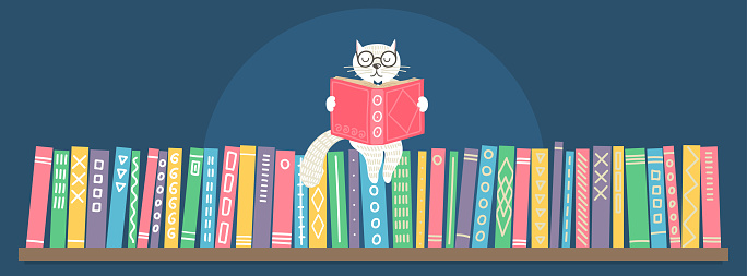 Bookshelf with sitting hand drawn fantasy white cat reading book. Different color books with ornament on shelf on dark blue background.  Vector illustration.