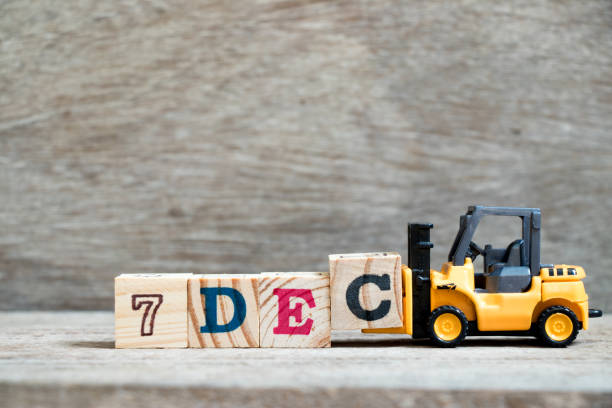 istock Toy forklift hold block c to complete word 7dec on wood background (Concept for calendar date 7 in month December) 1064576468