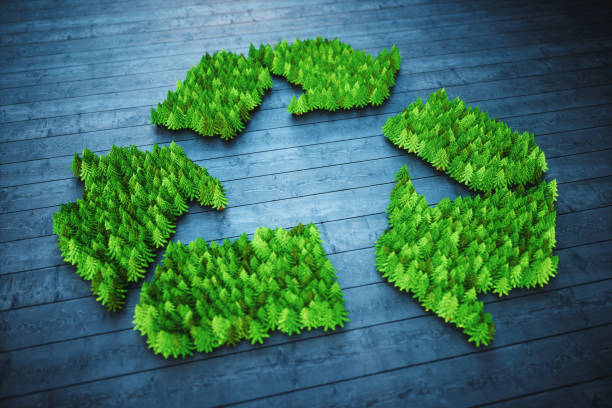 istock Artificial trees in shape of recycling symbol on plank ground 1064577160