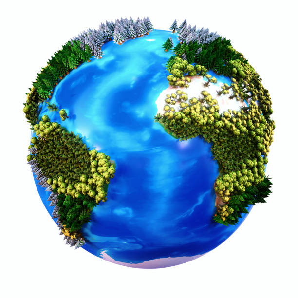 istock Stylized Earth globe with varied cartoon trees isolated on white 1064577596