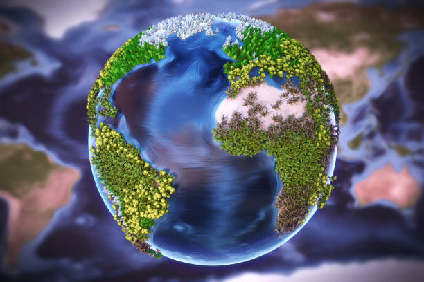 istock Artistic Earth globe with varied cartoon trees and defocused background 1064577792