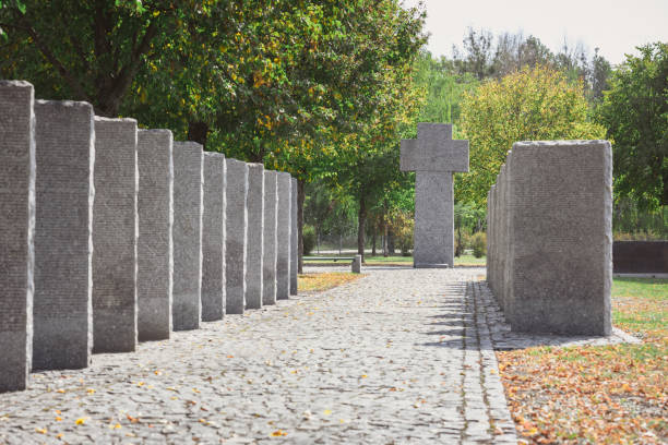 istock selective focus of identical headstones and stone cross at cemetery 1064578730