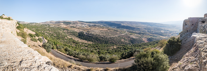 Panoramic wiew of the nearby valley from the wall in Nimrod Fortress located in Upper Galilee in northern Israel on the border with Lebanon.