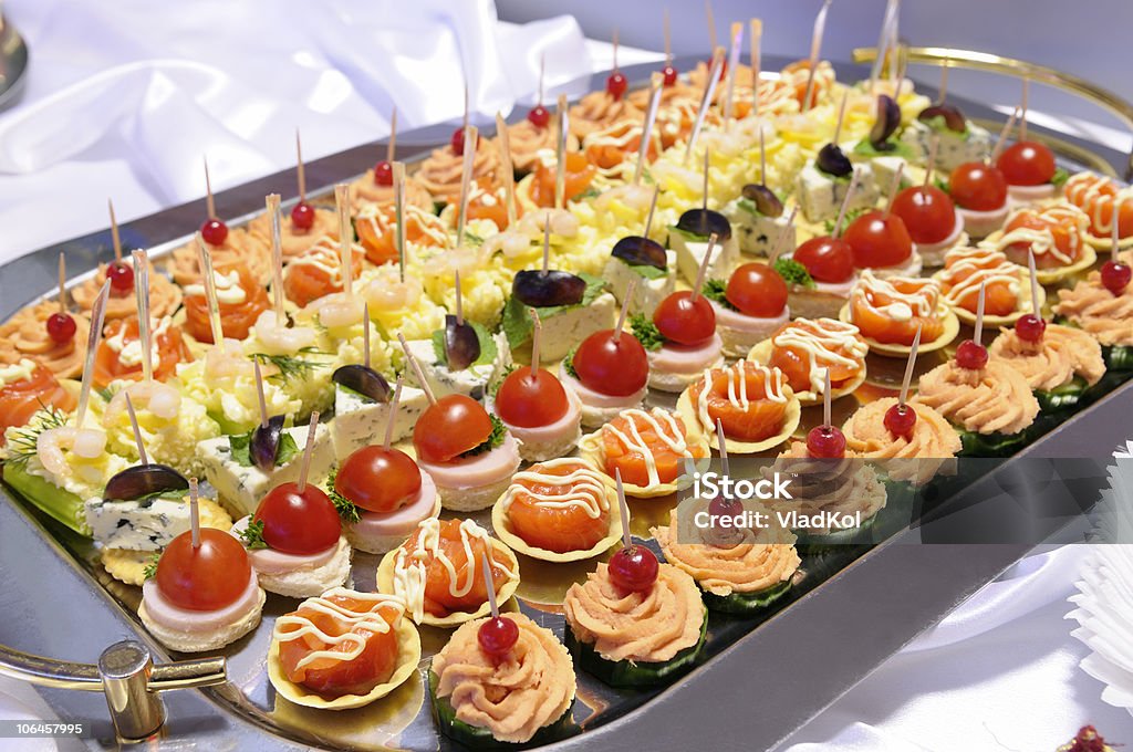 Tray with different light snacks  Anniversary Stock Photo