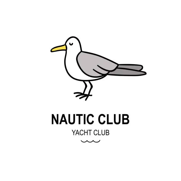 Vector illustration of Seagull hand drawn graphic logo concept isolated on background. Simple doodle style vector icon. Travel nautic club logotype with cute bird