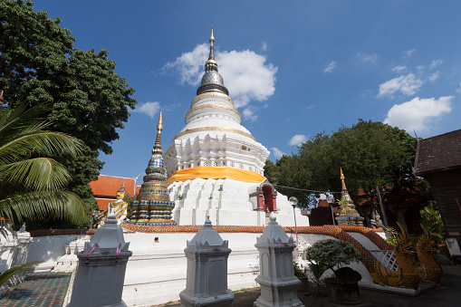 White pagoda in Wat-Prayoon Rawongsawas, Bangkok, Thailand