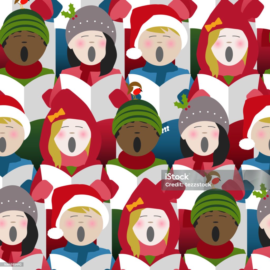 christmas carols seamless background children wearing winter clothes singing Christmas carols from a song sheet. Seamless repeat background Caroler stock vector