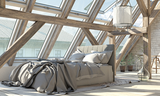 Scandinavian style minimalist designed loft  bedroom interior scene. ( 3d render )