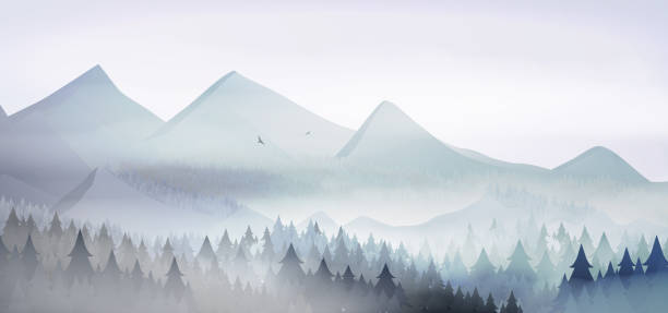 ilustraciones, imágenes clip art, dibujos animados e iconos de stock de paisaje de montañas con bosque de pino en invierno - sunset winter mountain peak european alps