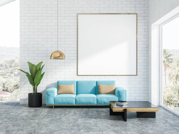 istock White brick living room interior blue sofa, poster 1064588012