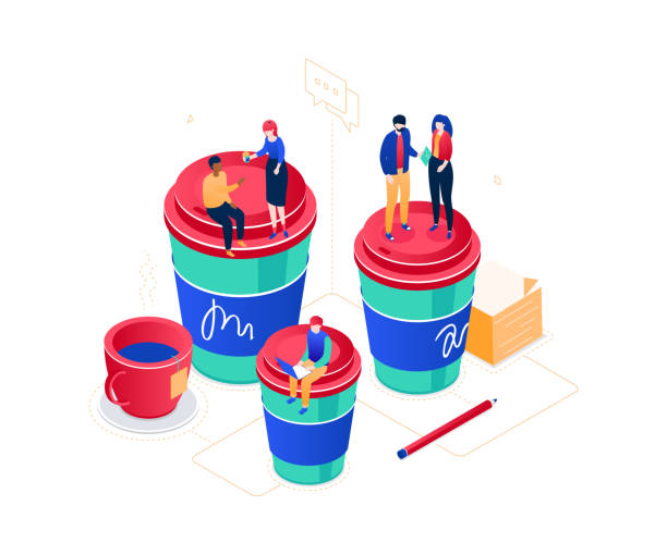 Coffee break - modern isometric vector web banner Coffee break - modern isometric vector web banner on white background. An illustration with business people, male. female workers on big cups, working with laptop, talking, discussing projects giant cup of coffee stock illustrations