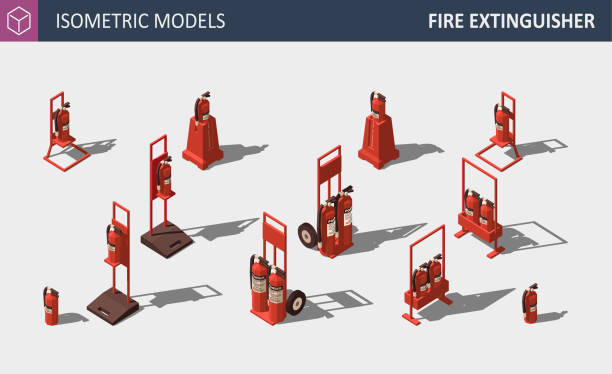 Isometric Fire Extinguisher - Set of Safety Equipment. Vector Illustration. - ilustração de arte vetorial