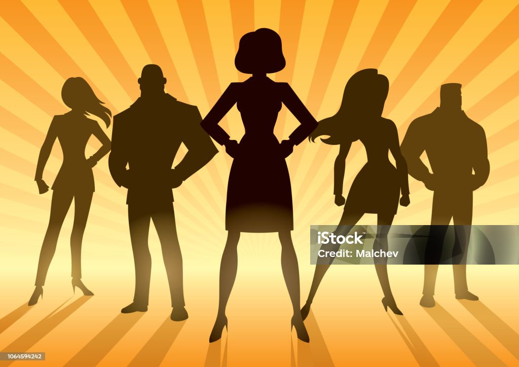 Super Business Team Conceptual illustration depicting business team with female leader or manager. Superhero stock vector