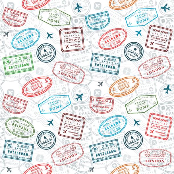 Passport stamps vector seamless pattern - travel stamp theme (fictitious stamps).