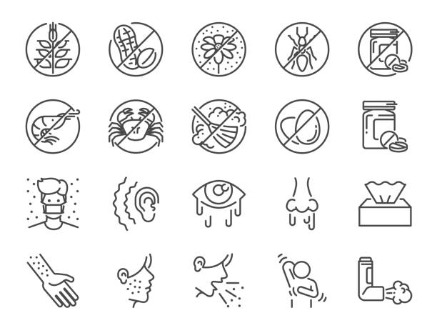 Allergies icon set. Included the icons as allergic diseases, dust allergy, food allergy, rhinitis, sinus Infection, asthma and more. Allergies icon set. Included the icons as allergic diseases, dust allergy, food allergy, rhinitis, sinus Infection, asthma and more. allergy icon stock illustrations
